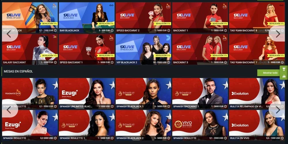 Juegos de casino en vivo en 1xbet