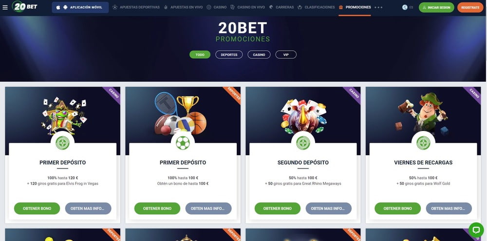 Página de bonos y promociones de 20bet