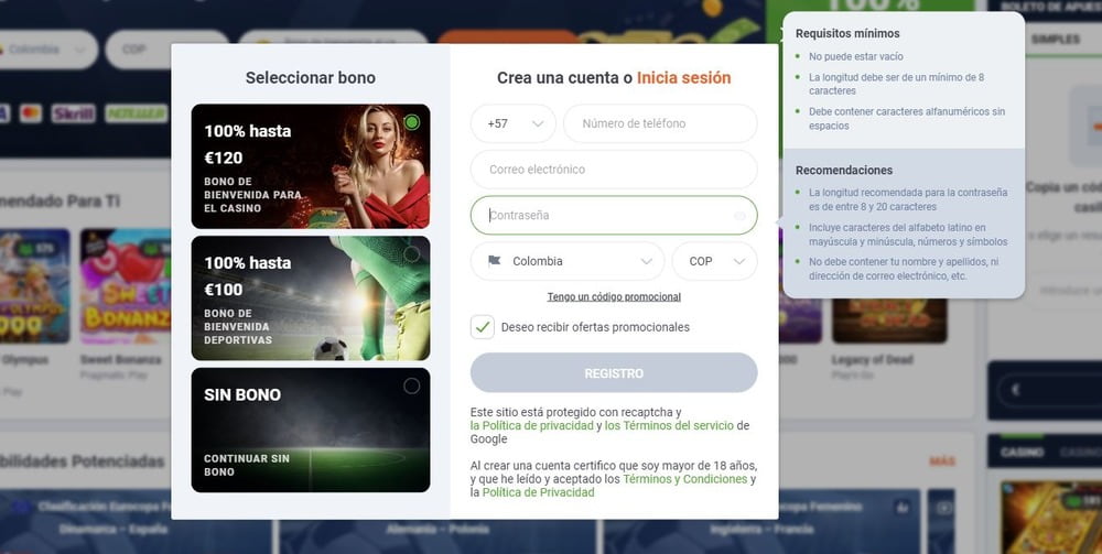 Formulario de inscripción en el sitio web de 20bet