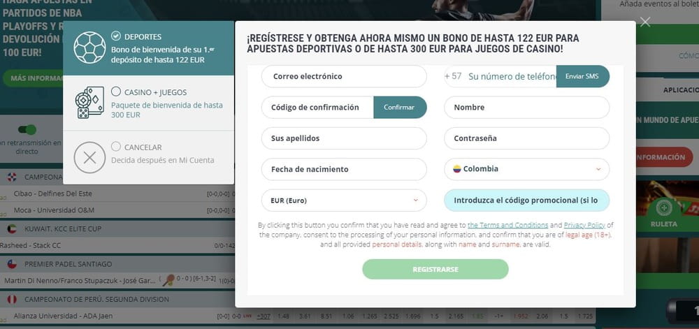 Formulario de registro de cuenta 22bet