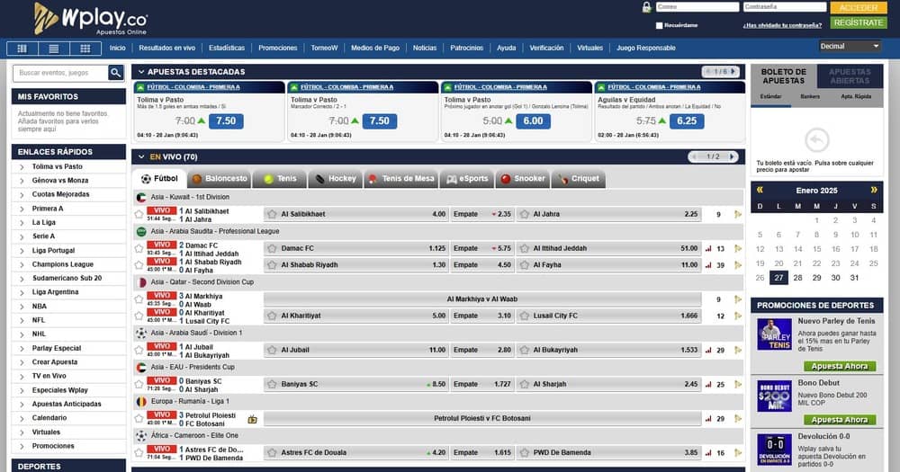Sección de apuestas deportivas de la casa de apuestas Wplay