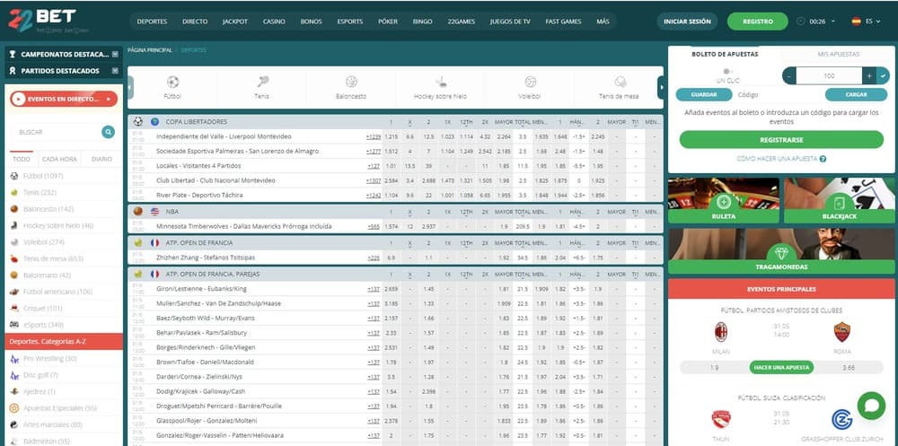 Apuestas deportivas en 22bet
