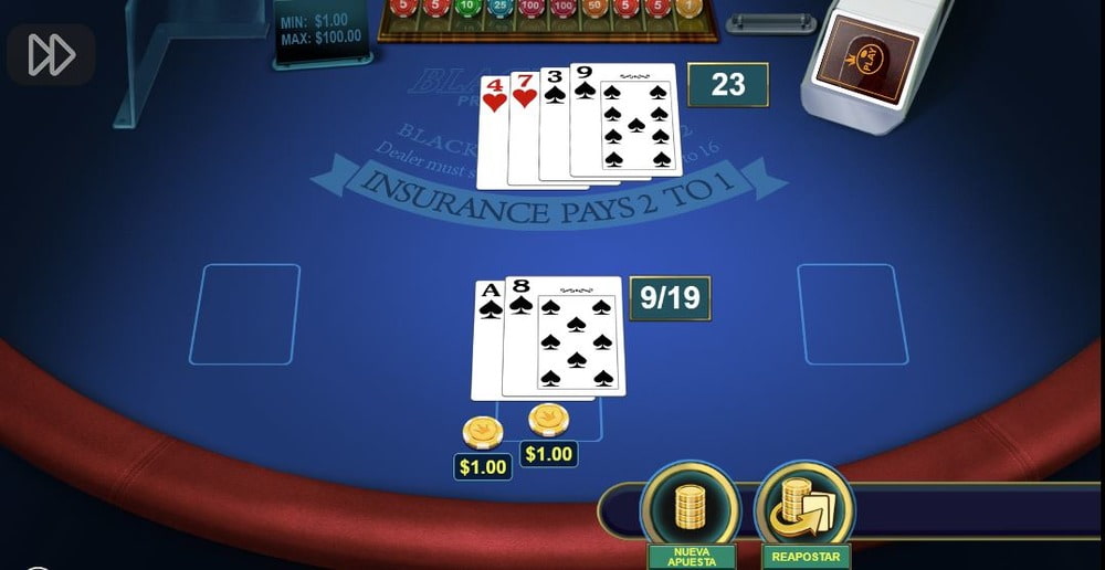 Mano de cartas en la versión online del Blackjack Americano