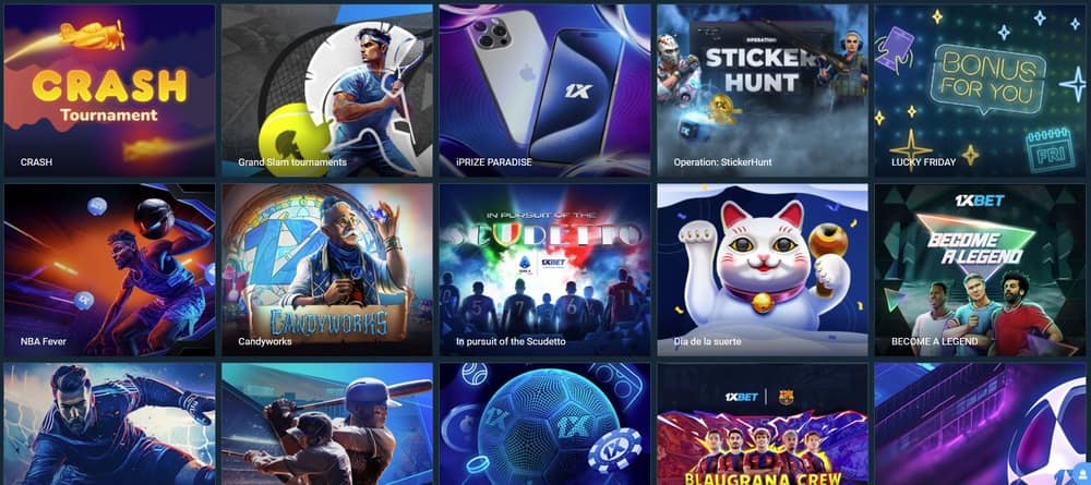 Página de bonos y promociones en el sitio web de 1xbet