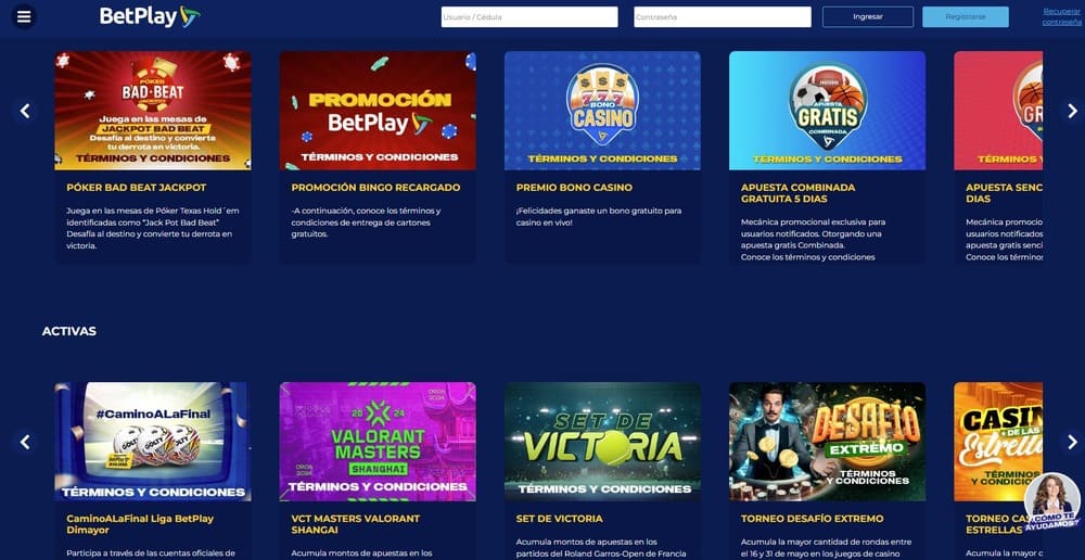 Sección de bonos y promociones de Betplay