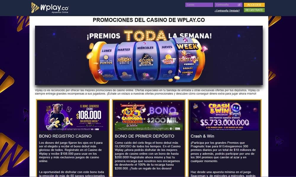 Sección de bonos y promociones del sitio web de Wplay