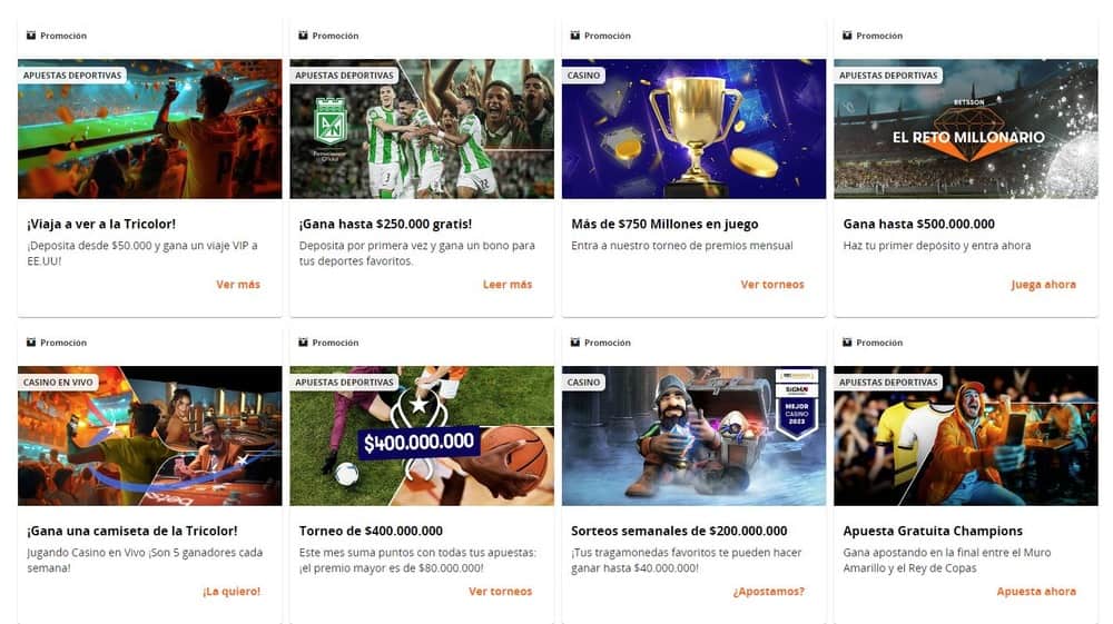 Sección de bonos y promociones en el sitio web de Betsson