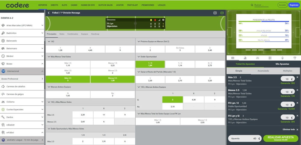 Sección de apuestas en directo de Codere