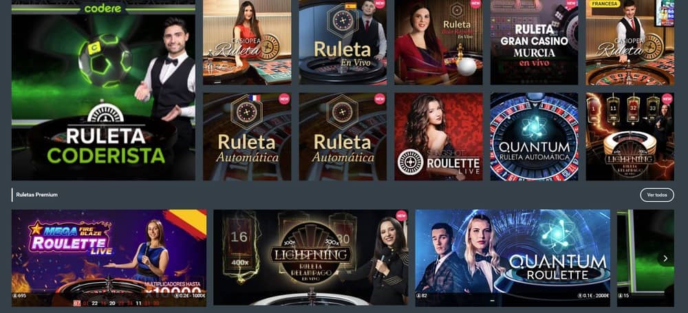 Sección de juegos en vivo en Codere Casino