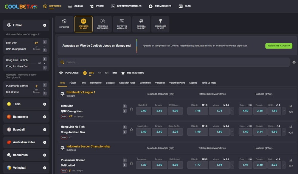 La sección de apuestas deportivas de Coolbet
