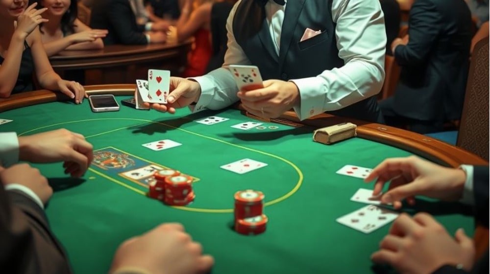 El crupier reparte las cartas en el casino.