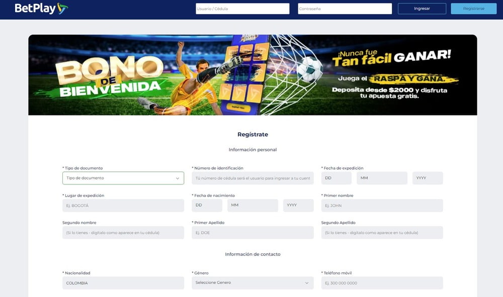 Formulario de inscripción en el sitio web de BetPlay