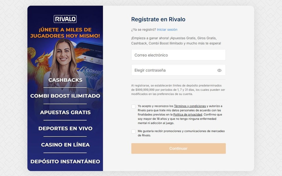 Formulario de inscripción en el sitio web de Rivalo