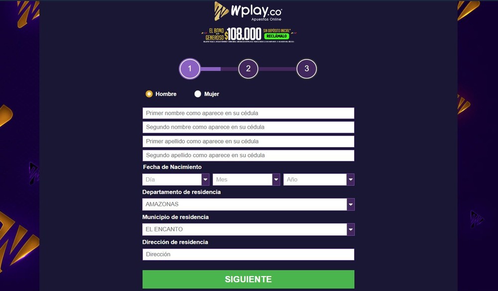 Formulario de inscripción en el sitio web de Wplay