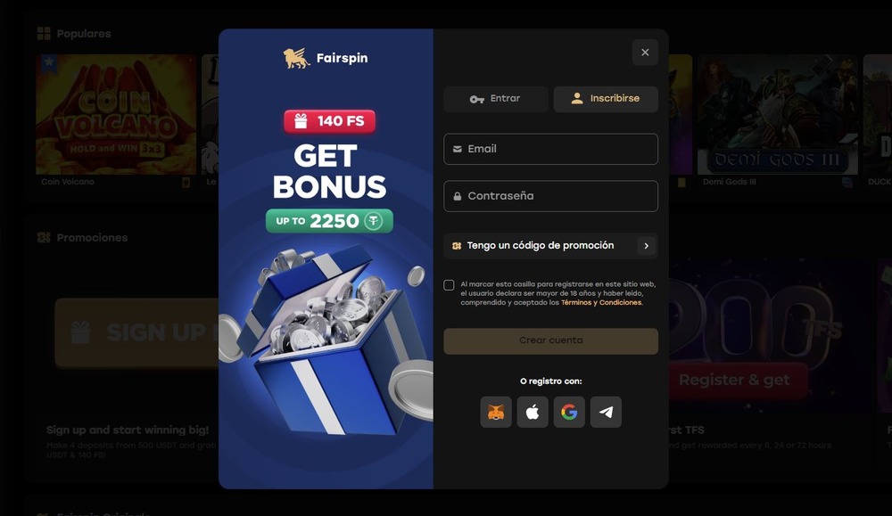Formulario de registro en Fairspin Casino