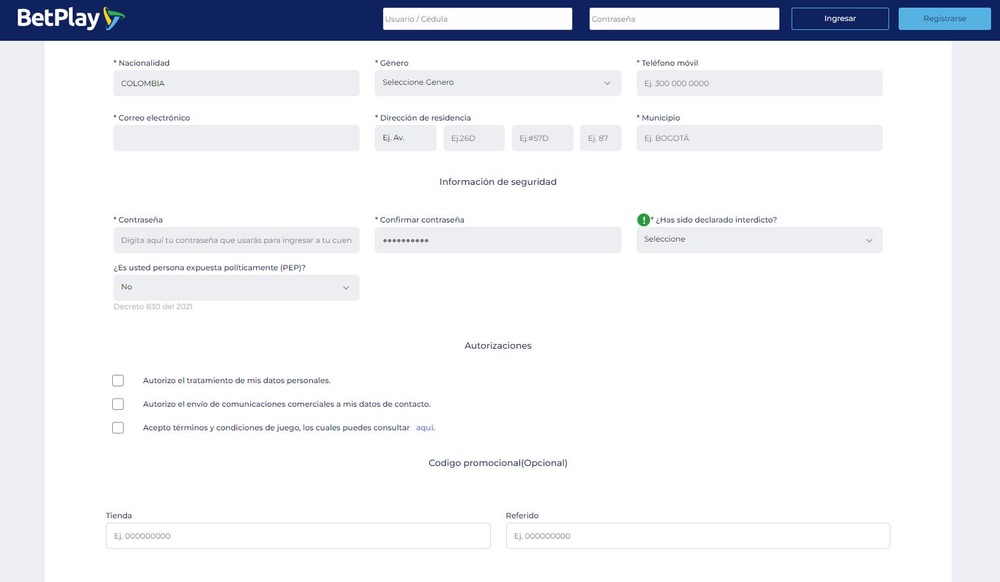 Formulario de inscripción y código promocional de Betplay