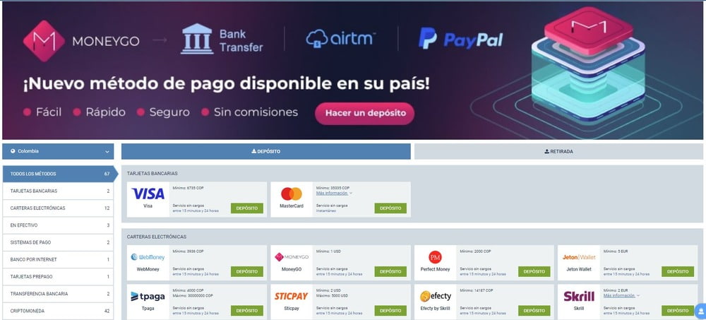 Método de depósito y retirada en el sitio web de 1xbet