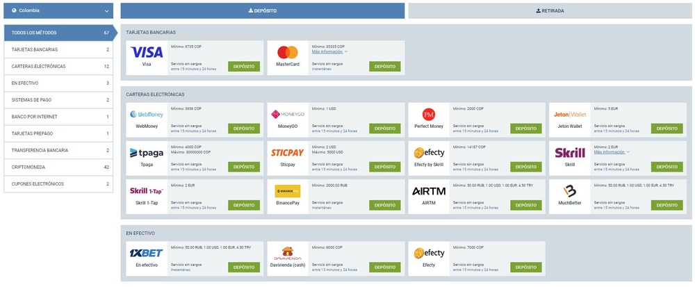 Página de métodos de depósito en el sitio web de 1xbet