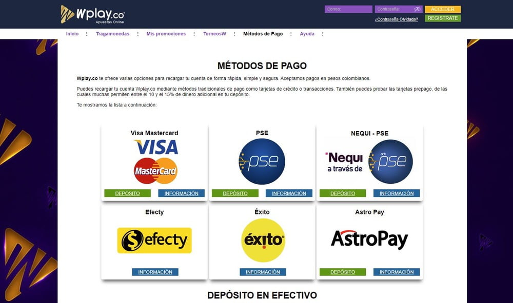 Métodos de pago de Wplay