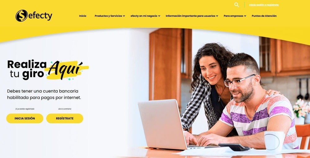 Página de inicio del sitio web de Efecty