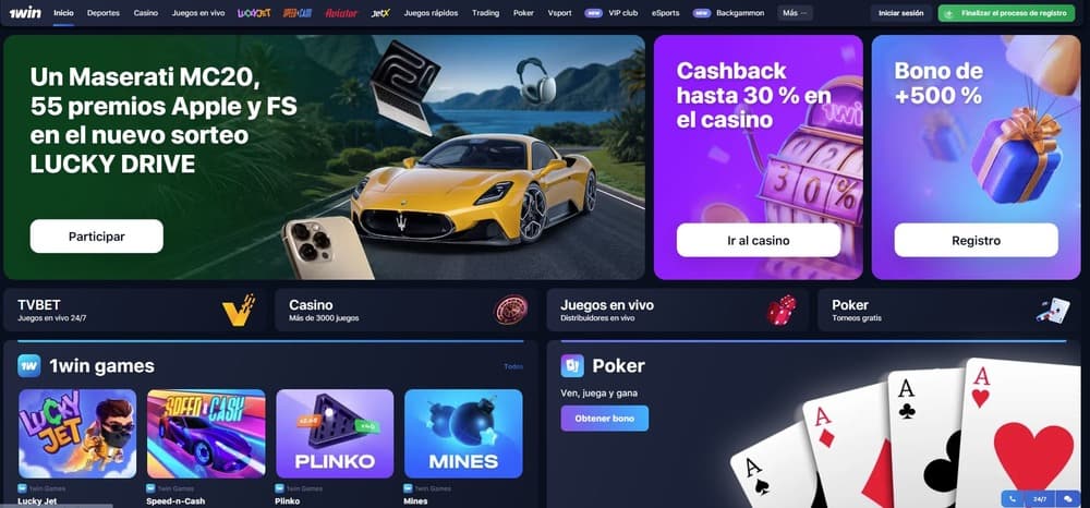 Página principal del sitio web del casino 1win