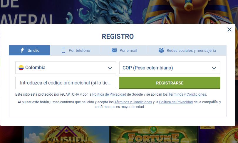 Formulario de inscripción en el sitio web de 1xbet