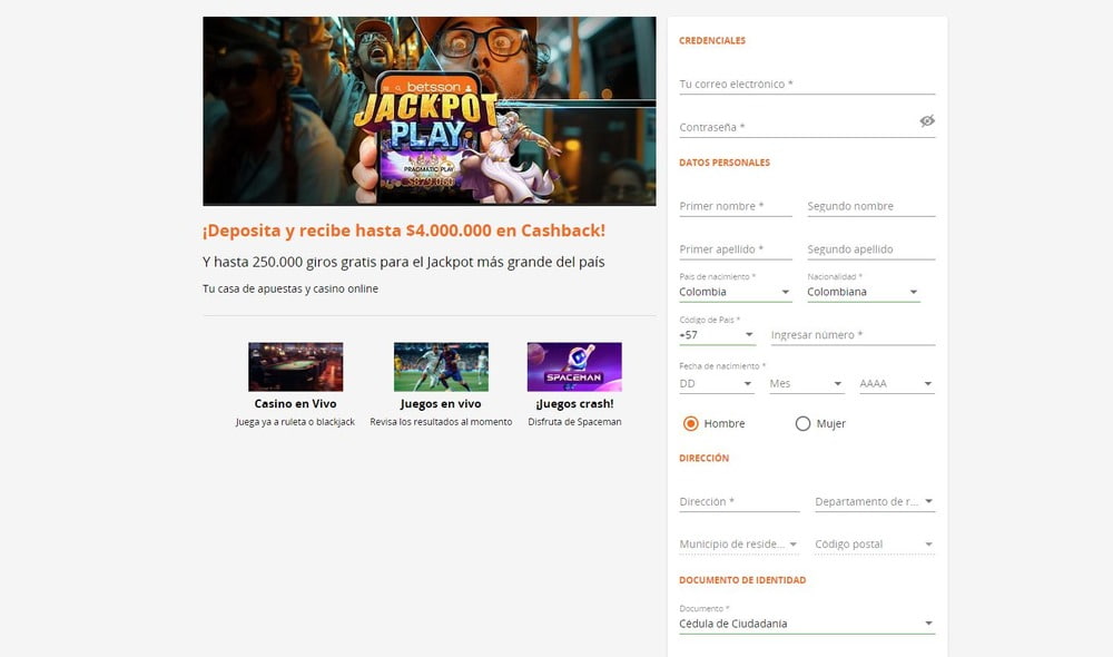 Formulario de registro en el sitio web de Betsson