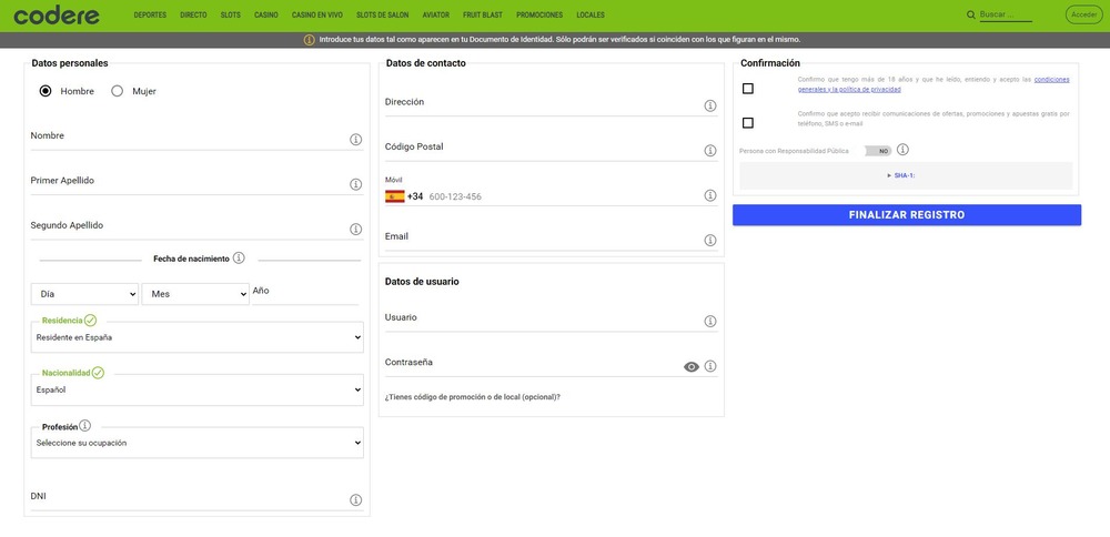 Formulario de inscripción Codere