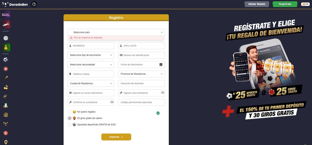 Formulario de registro de Doradobet