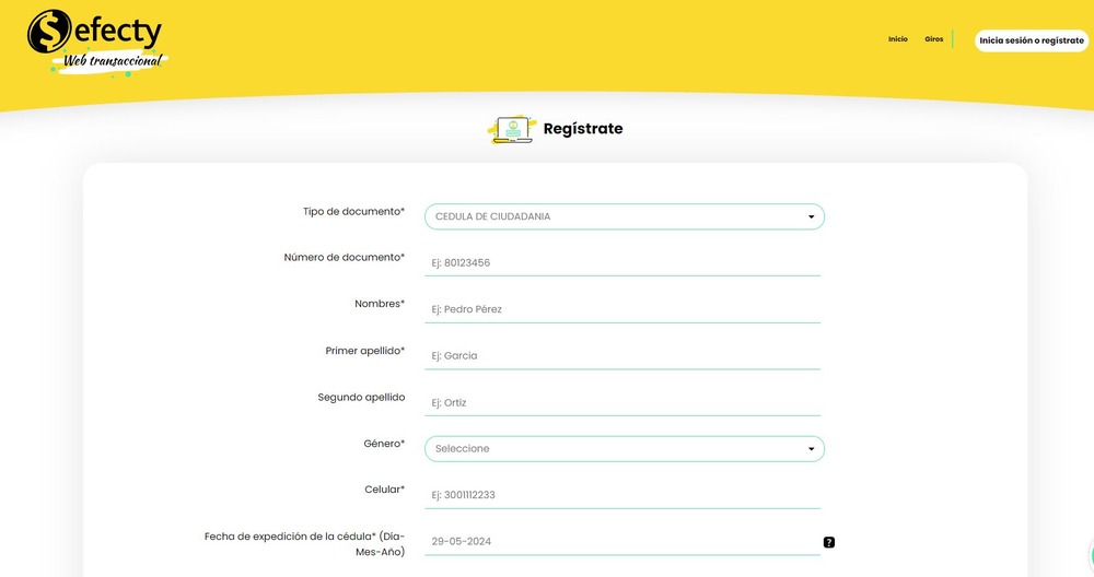 Formulario de inscripción en el sitio web de Efecty