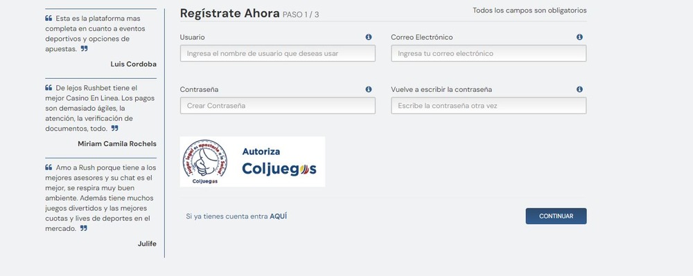 Formulario de inscripción en el sitio web de Rushbet