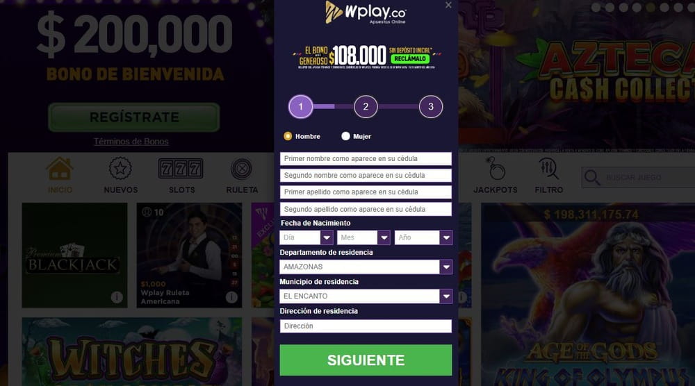 Formulario para registrar una cuenta en el sitio web de Wplay