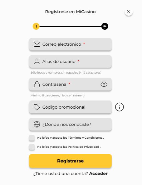 Completa registro MiCasino correo alias usuario contraseña
