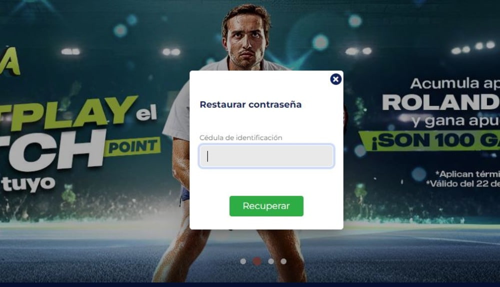 Formulario de restablecimiento de contraseña del sitio web de Betplay