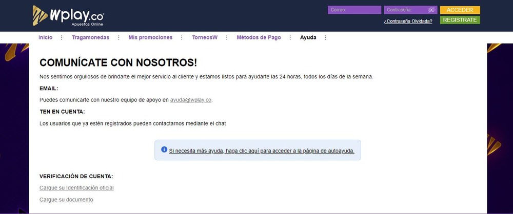 Información sobre el servicio de asistencia en el sitio web de Wplay