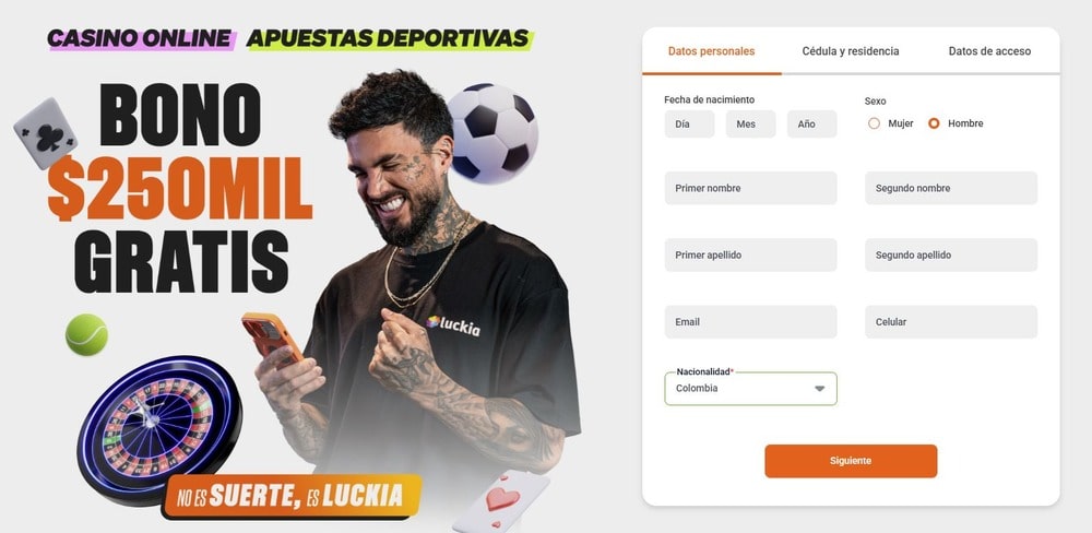 Un banner con información sobre el bono de bienvenida y el formulario de inscripción en Luckia Casino