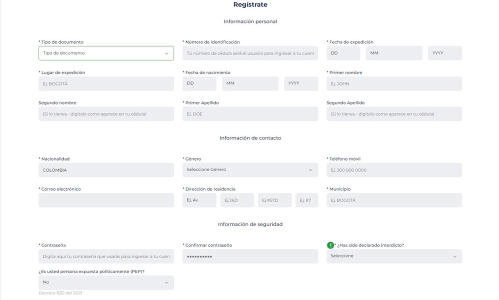 Ventana de registro en el sitio web de BetPlay
