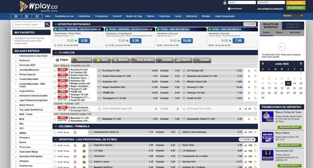 Sección de apuestas deportivas en el sitio web de Wplay